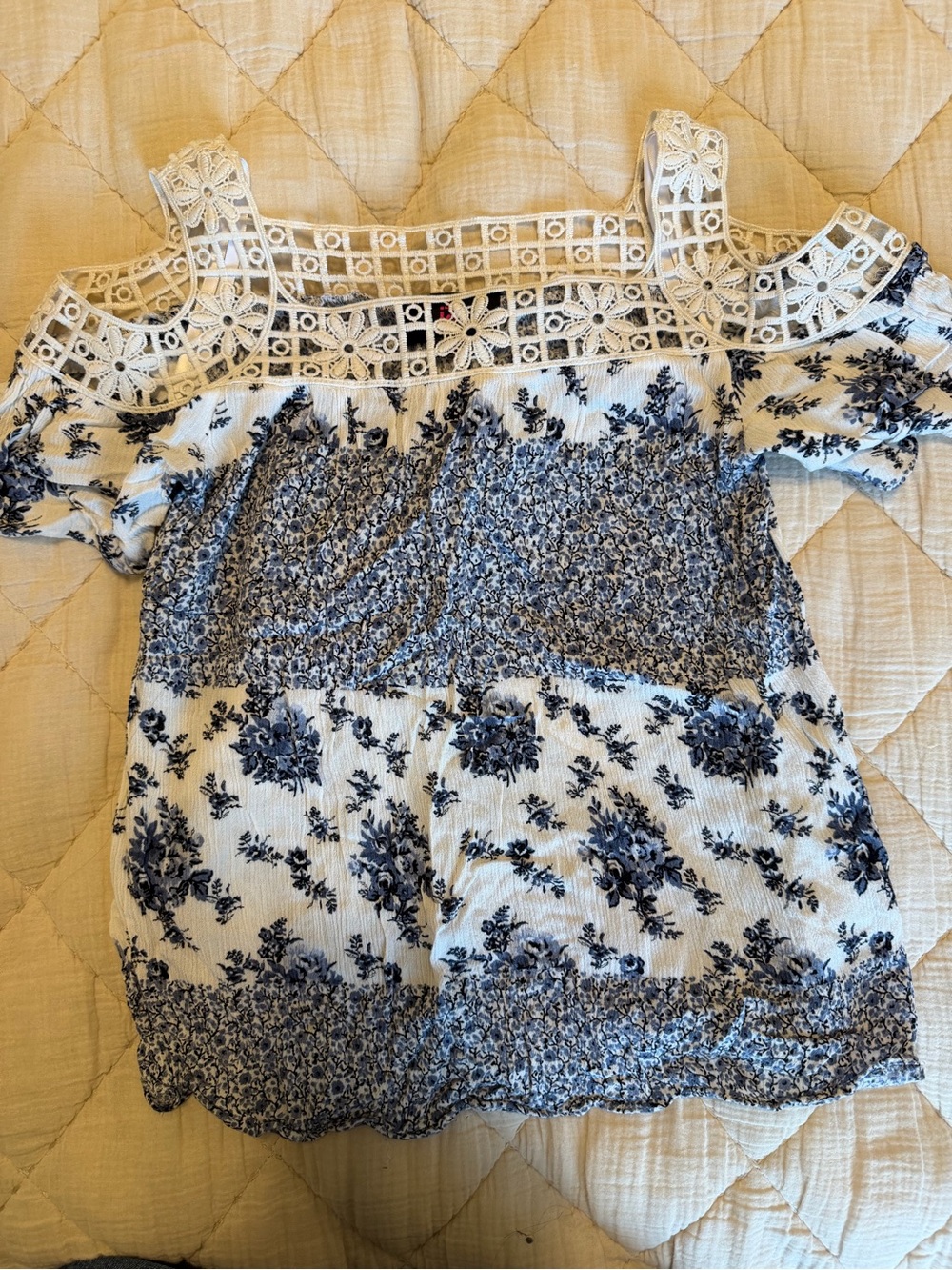 Girls White and Navy Floral Cold-Shoulder Top